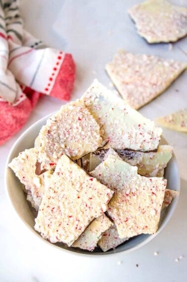 A bowl of white chocolate peppermint bark.