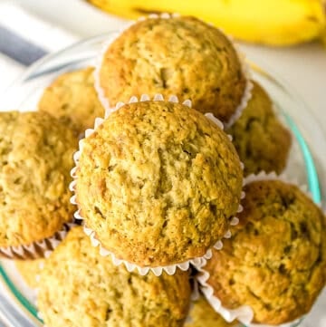 banana muffins stacked served in a bowl