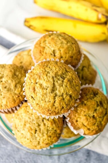banana muffins stacked served in a bowl