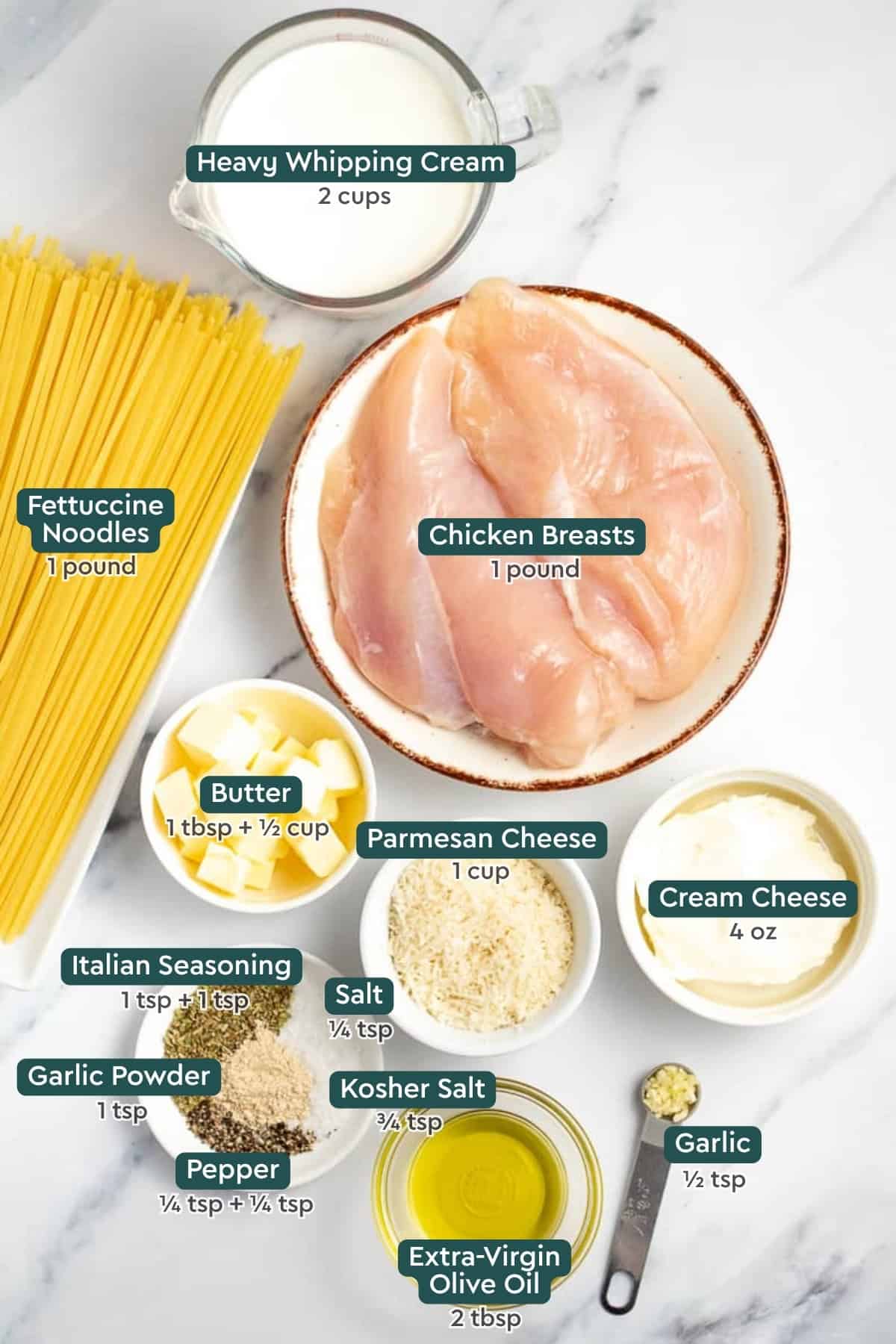 Ingredients for homemade chicken fettuccine alfredo, including chicken breast, butter, parmesan, cream cheese, seasonings, oil, and garlic.