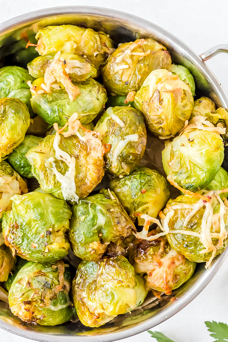air fryer brussel sprouts top down view shot