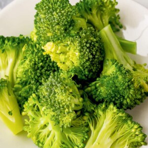 steamed broccoli served on a white plate