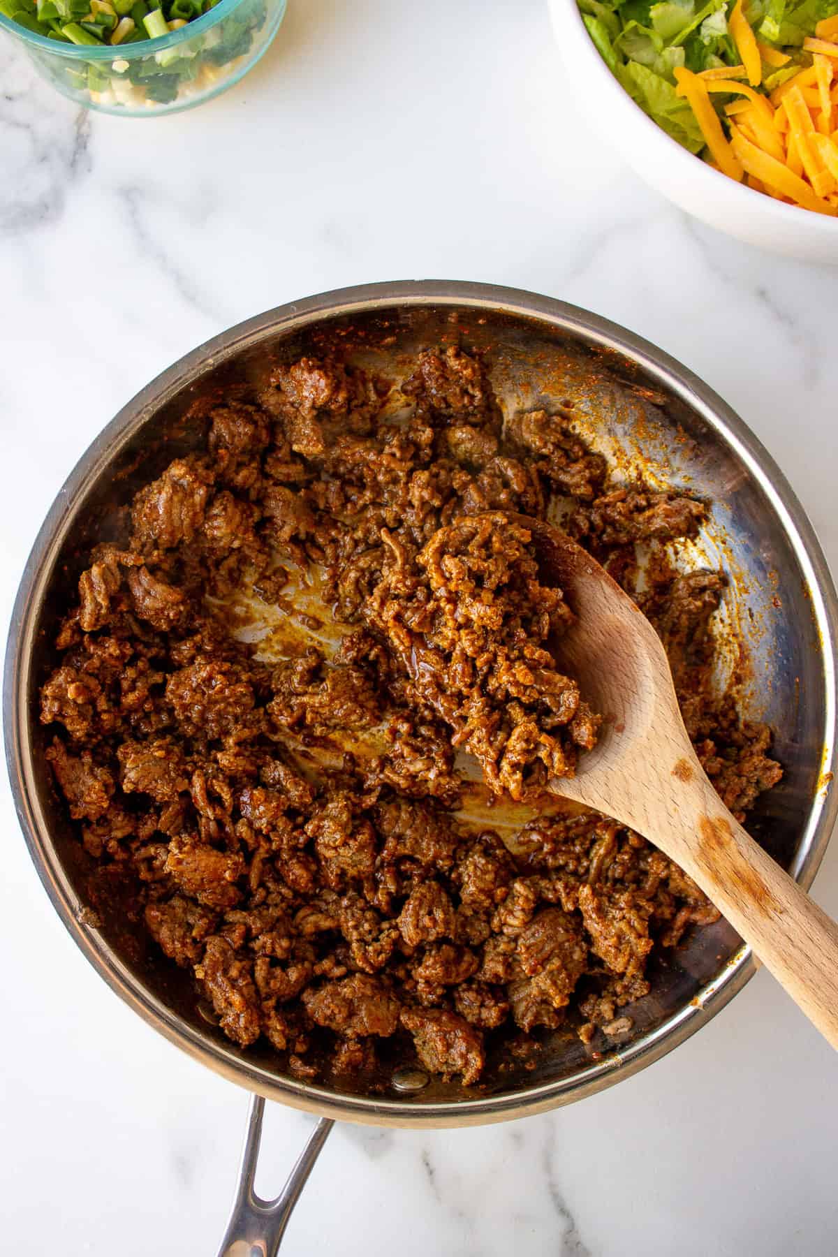 top down image of a saute pan of taco meat