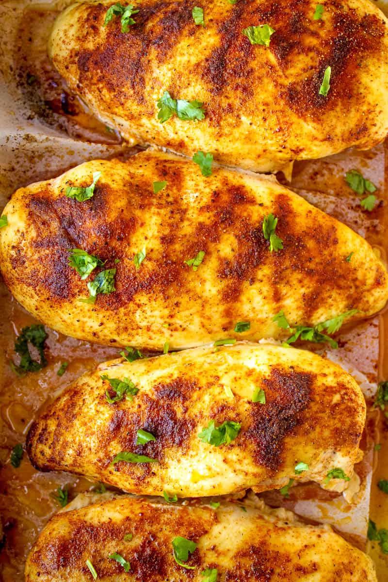 baked chicken breasts in a dish on the counter