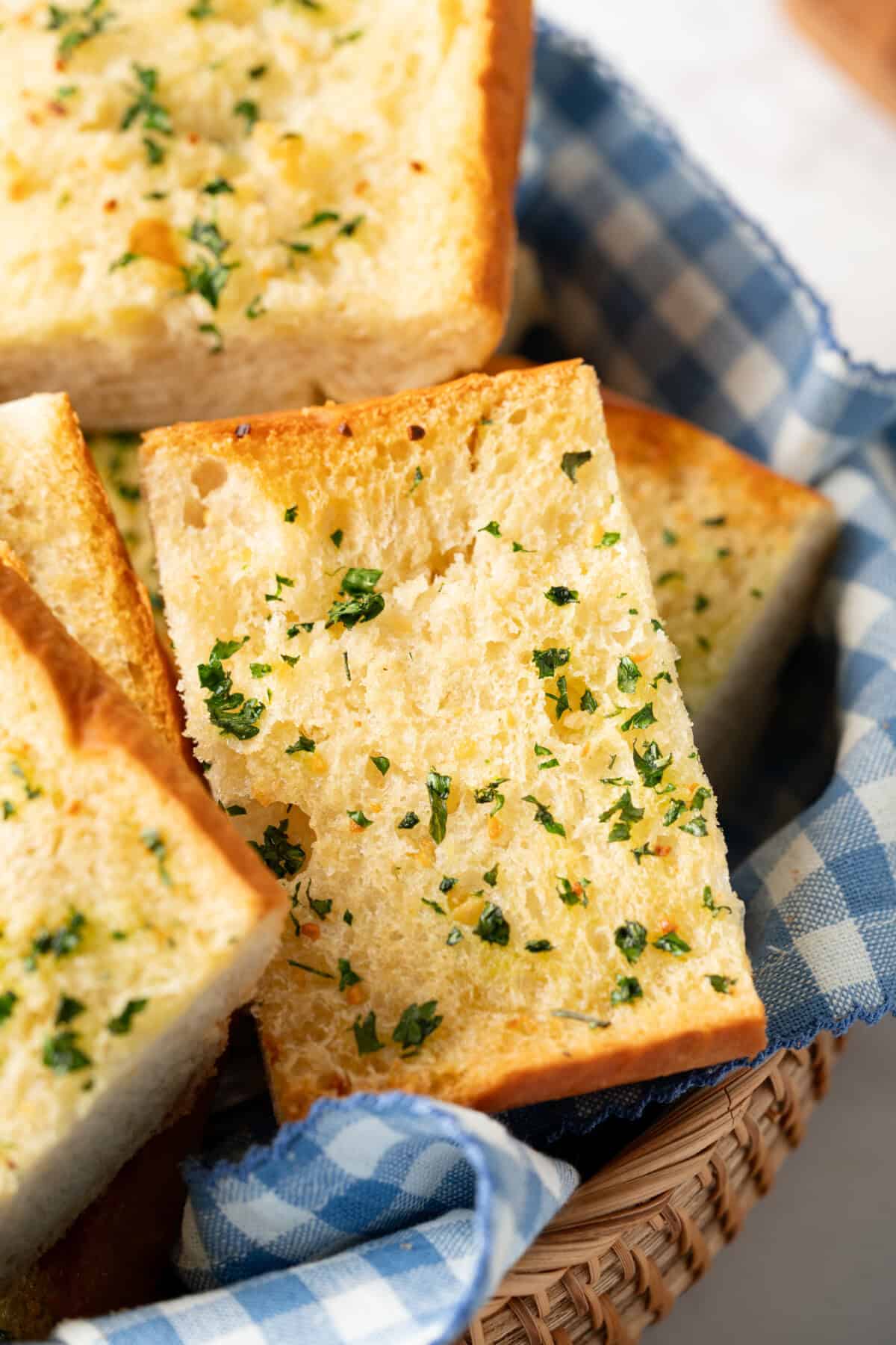 Basket of homemade garlic bread.