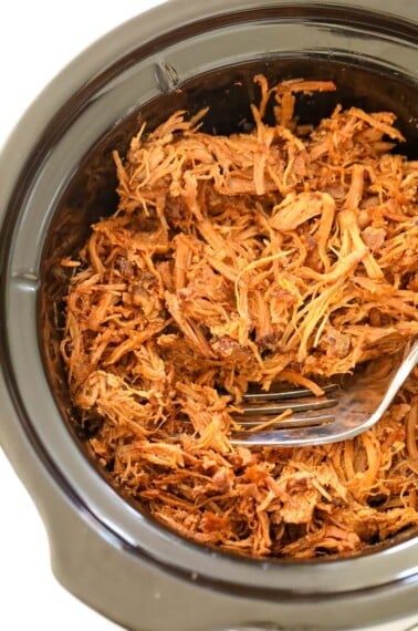 bbq pulled pork in a slow cooker.