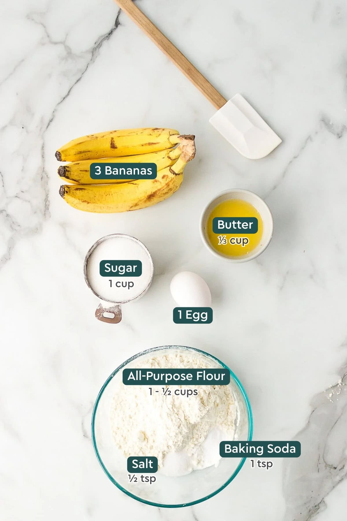 Ingredients for super easy banana muffins: bananas, butter, sugar, egg, flour, baking soda, and salt.