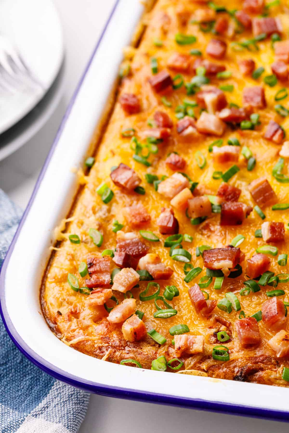 bisquick breakfast casserole with bacon baked in a casserole dish