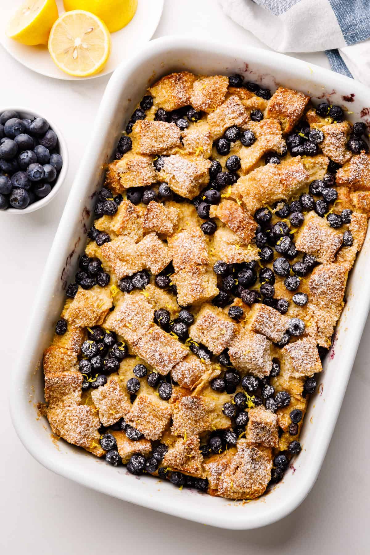 blueberry french toast casserole baked in a casserole pan