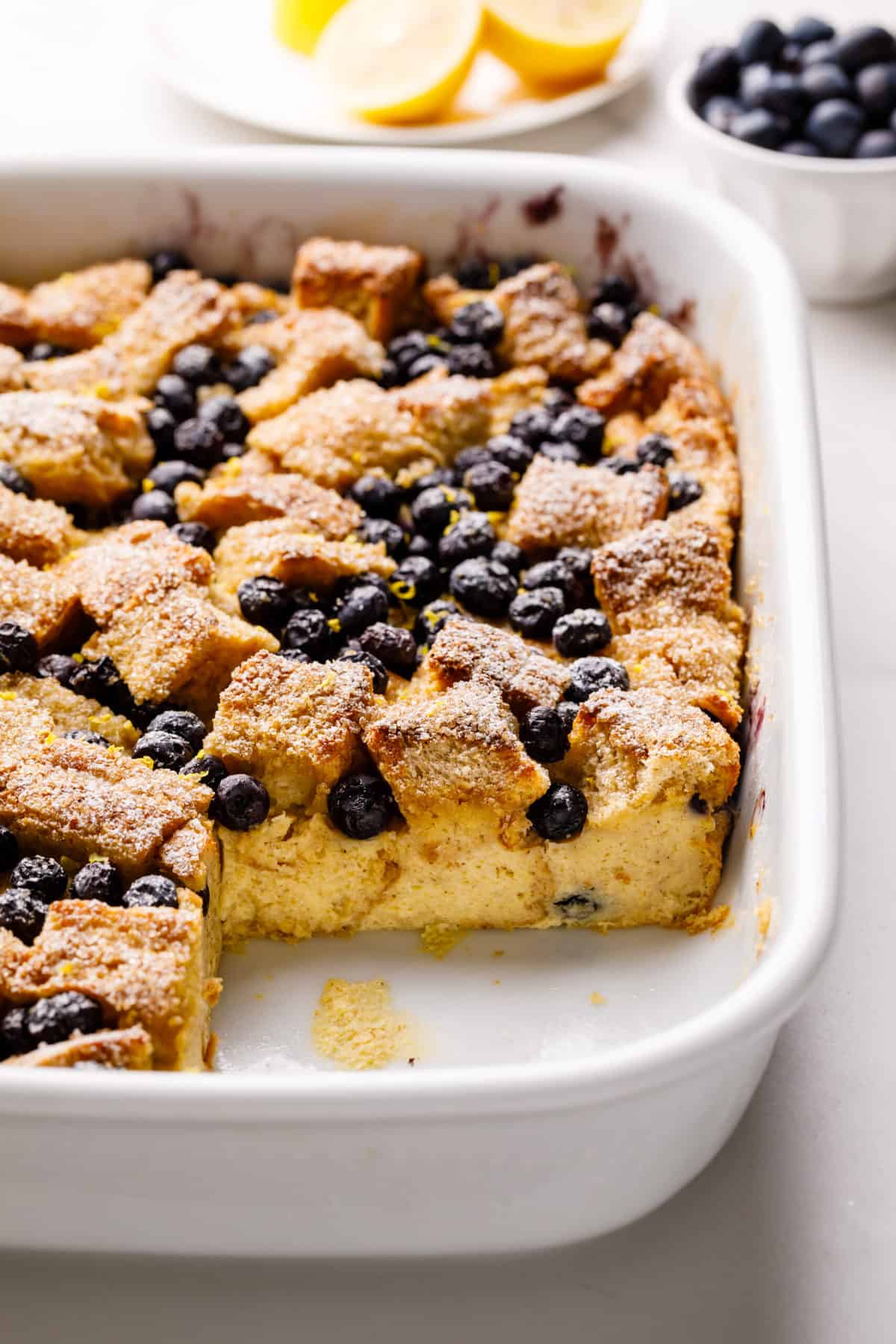 blueberry french toast casserole in a baking pan