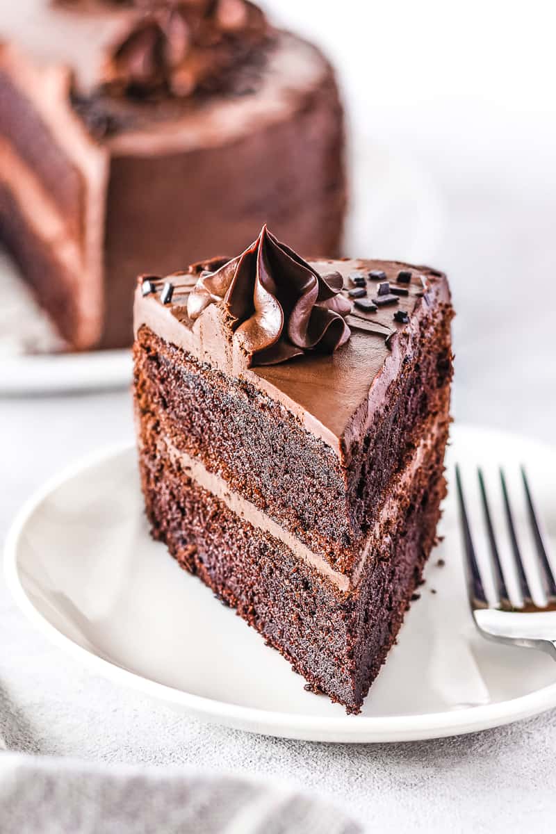 slice of homemade two layer chocolate cake with chocolate frosting