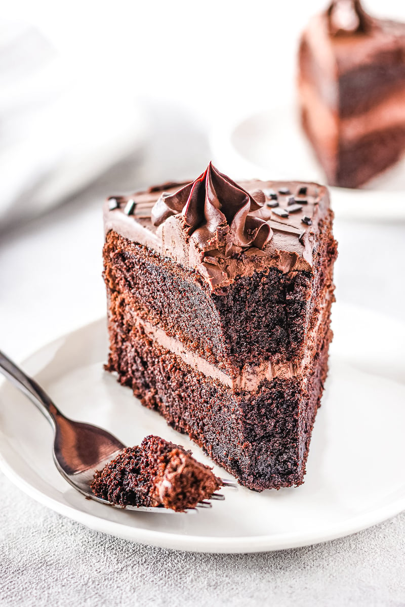 slice of chocolate cake on a plate with a silver fork