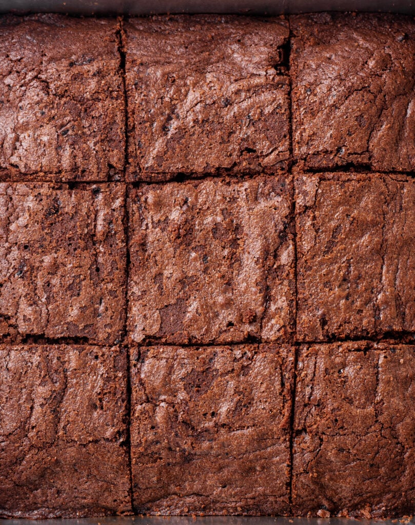 Close up shot of cut brownies.