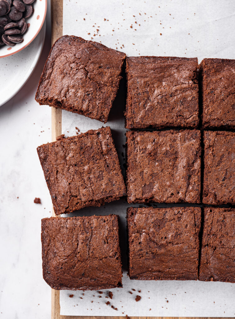 A tray of cut brownies.