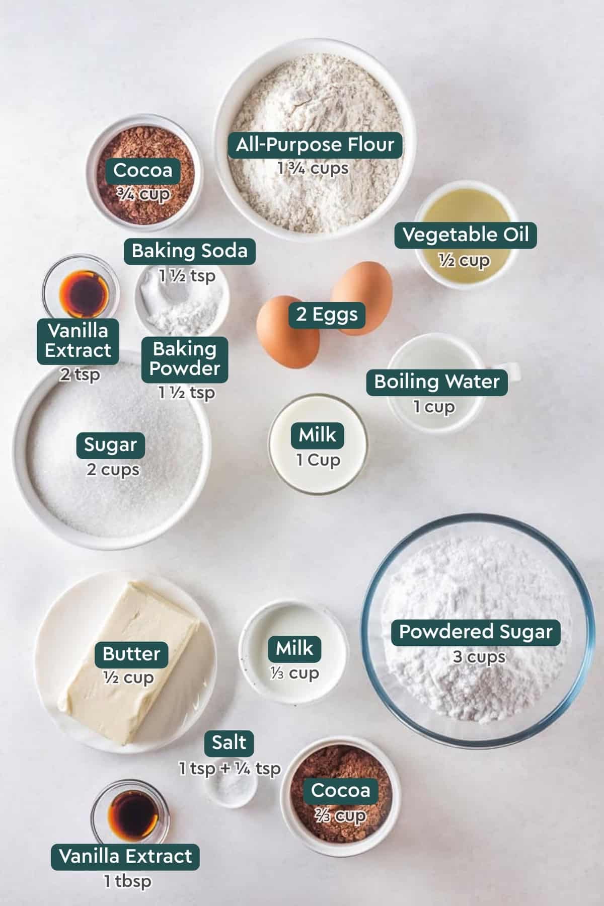 Ingredients for homemade chocolate cake recipe, including flour, cocoa, baking powder and soda, eggs, oil, boiling water, vanilla, milk, sugar, butter, milk, powdered sugar, salt.