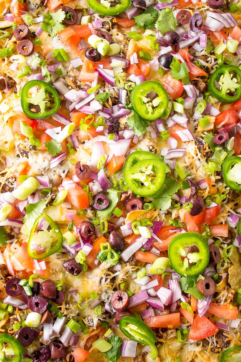 close up image with details of sheet pan nachos recipe