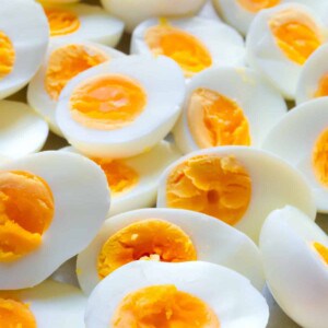 Hard boiled eggs sliced in half ready to eat.