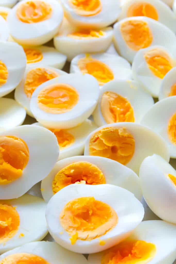 Hard boiled eggs sliced in half ready to eat.