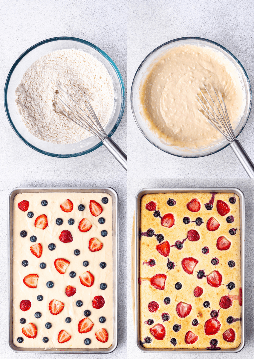 steps to make sheet pan pancakes with blueberries and strawberries