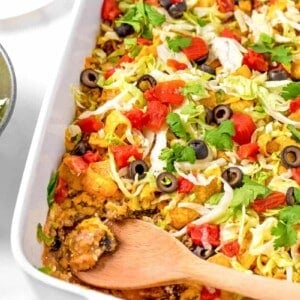 A baking dish full of taco casserole.