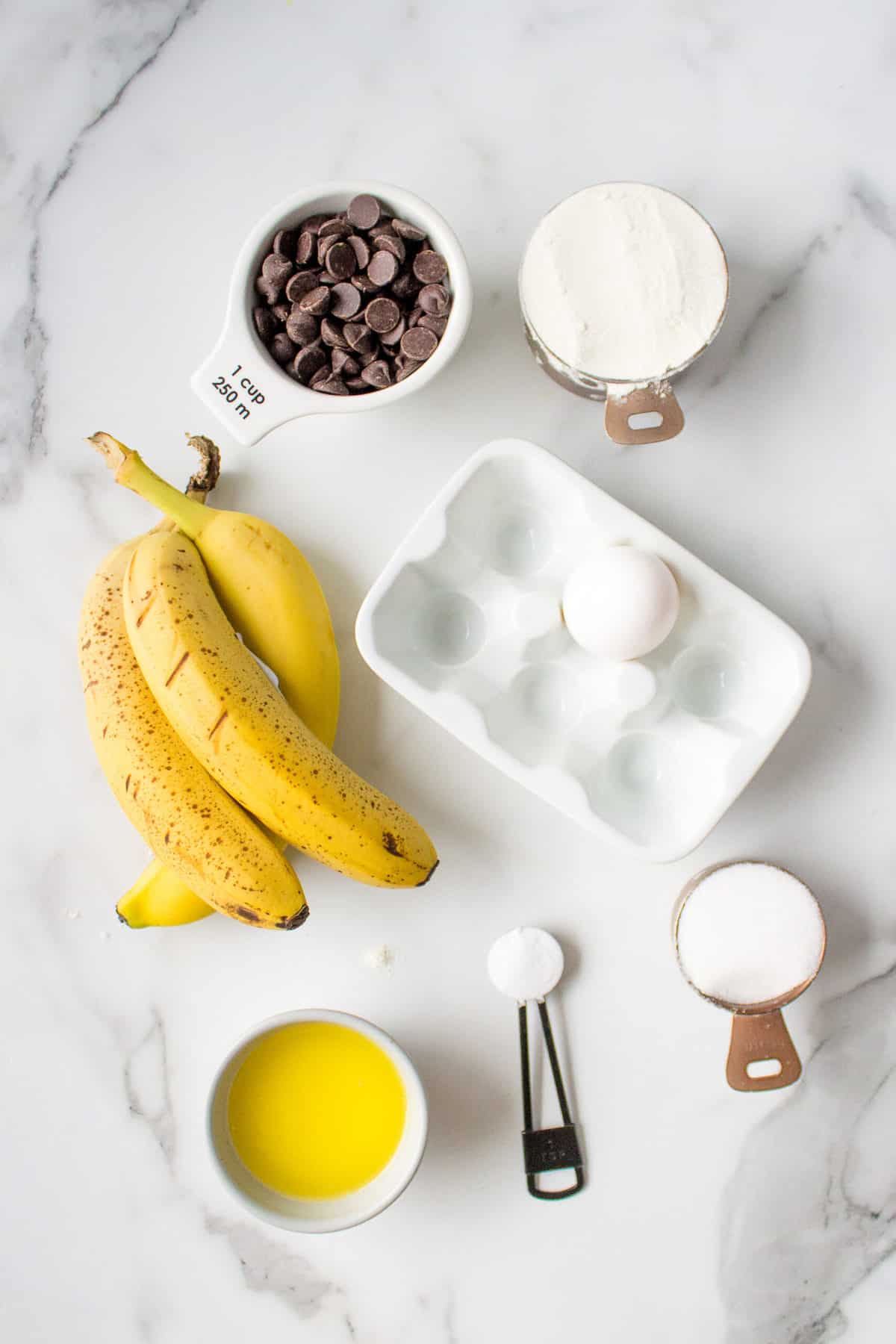 ingredients to make banana chocolate chip muffins