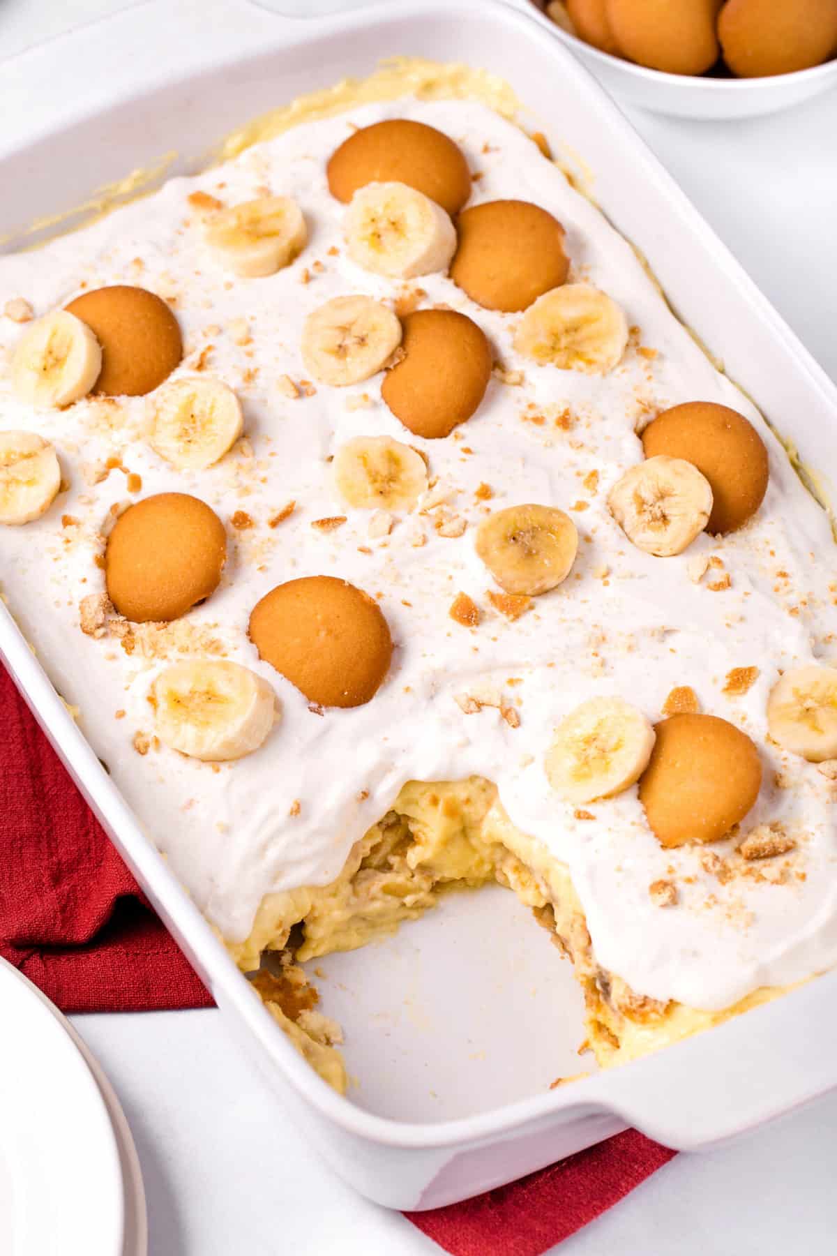 layered banana pudding served in a casserole dish 