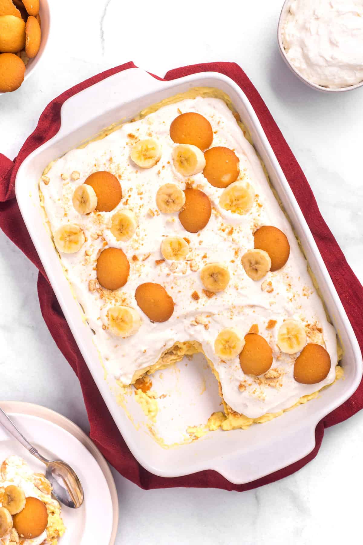top view image of layered banana pudding served in a casserole dish