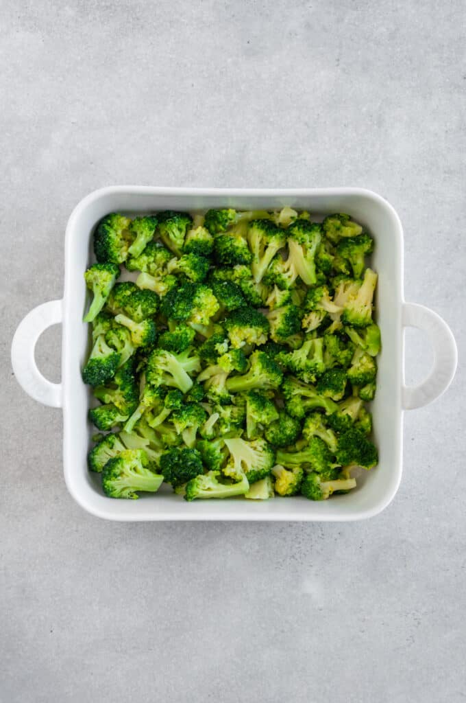 Broccoli in casserole dish.