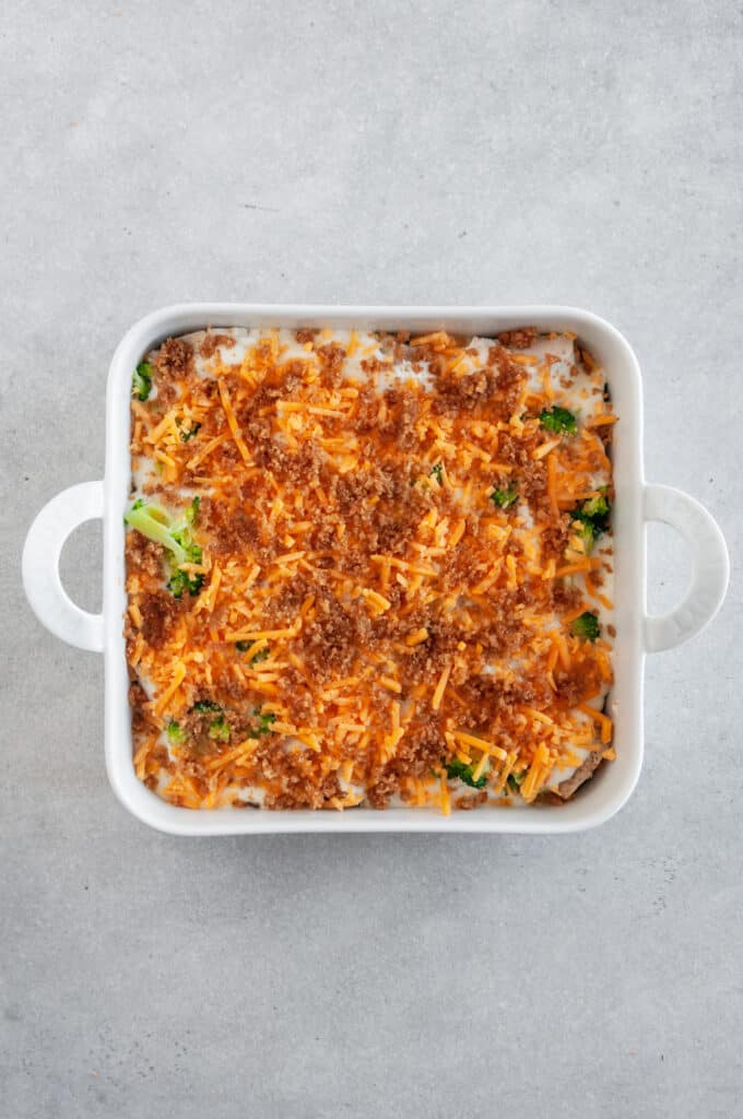 Chicken divan in casserole dish before baking.