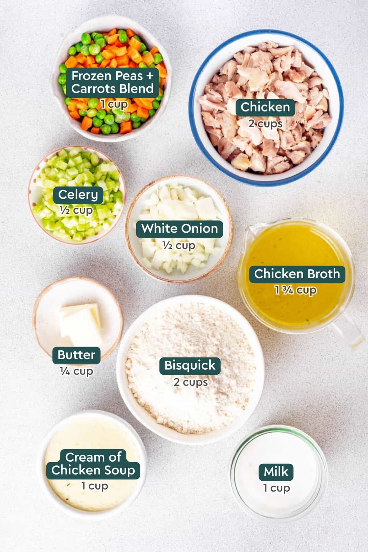 Ingredients for chicken and dumpling casserole, including carrots and peas, chicken, celery, onion, broth, butter, bisquick, cream of chicken soup, milk.