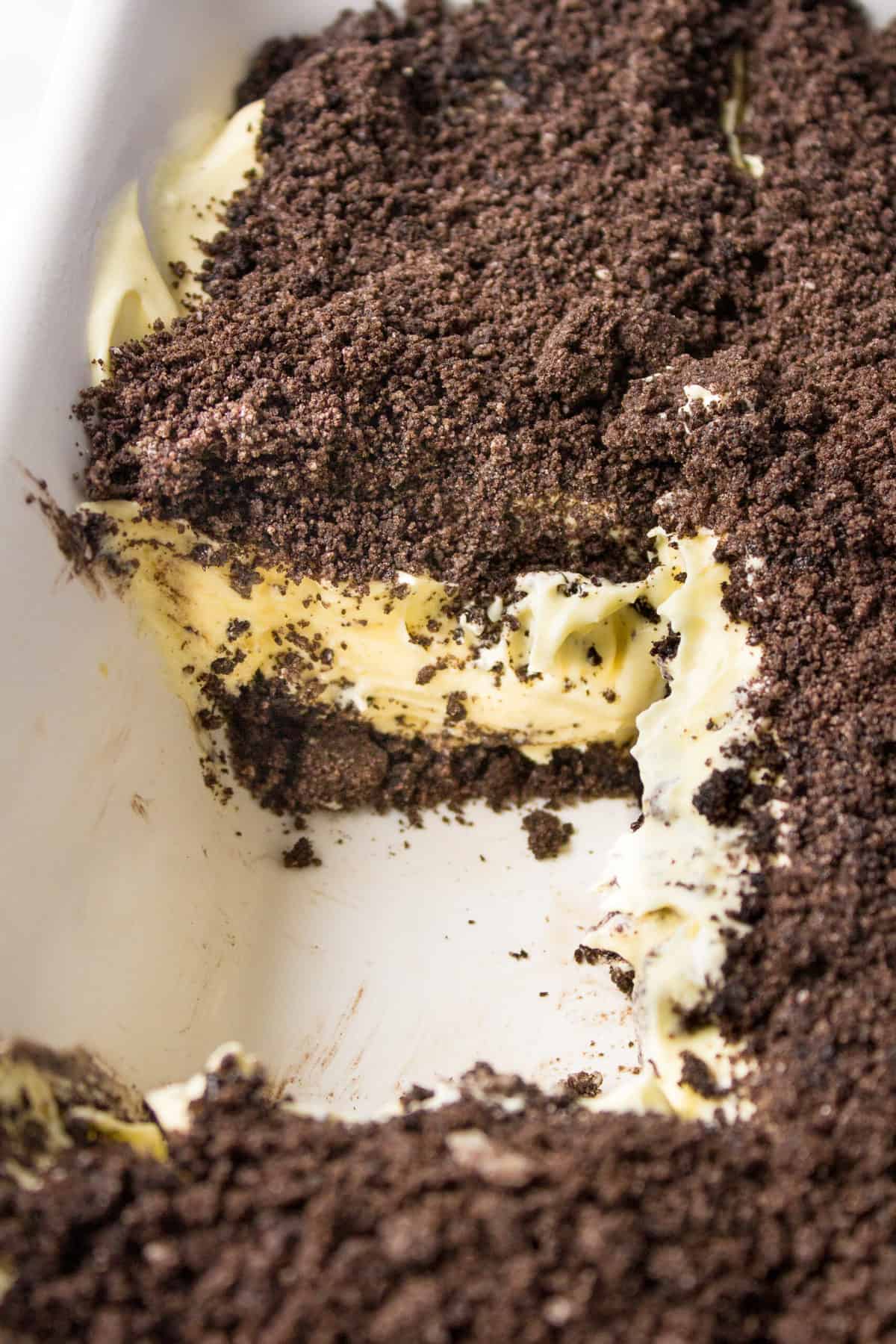 cross section of dirt cake in a baking dish