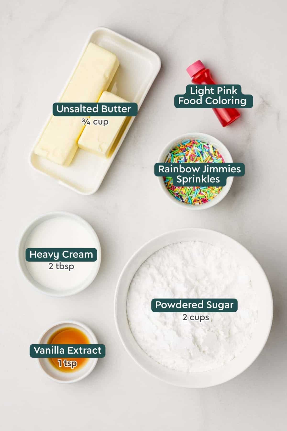 Ingredients for Lofthouse cookie frosting, including butter, food coloring, sprinkles, cream, powdered sugar, and vanilla.