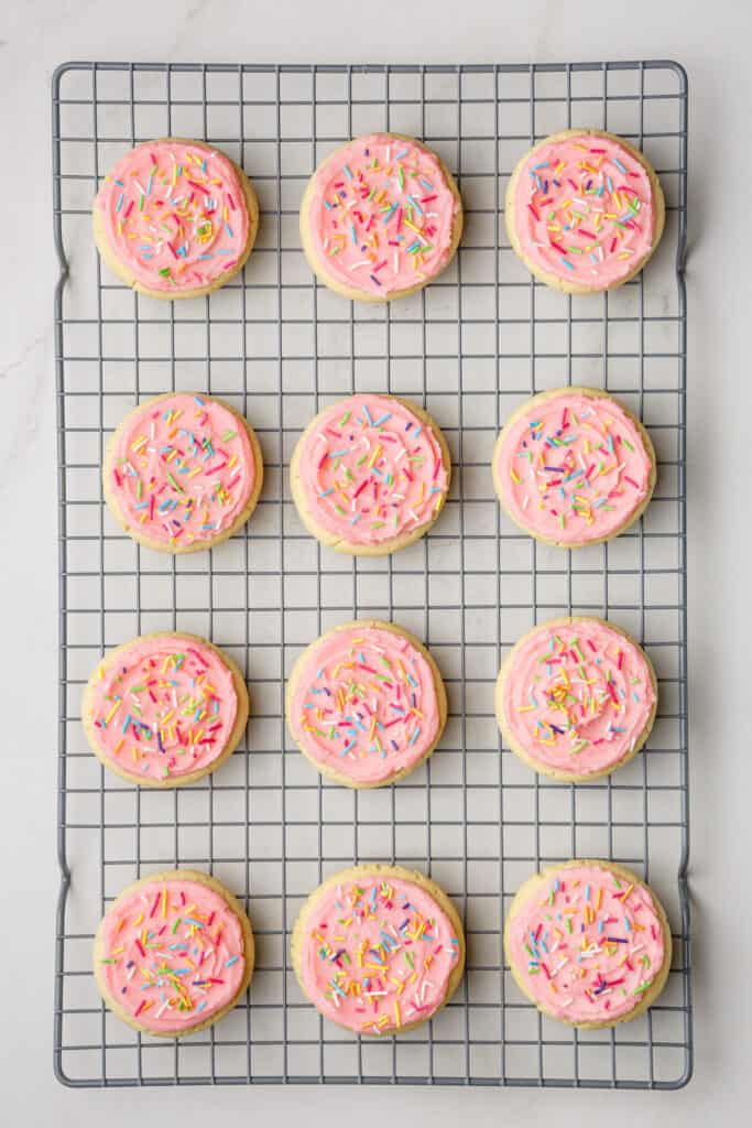 Homemade Lofthouse cookies on wire rack.