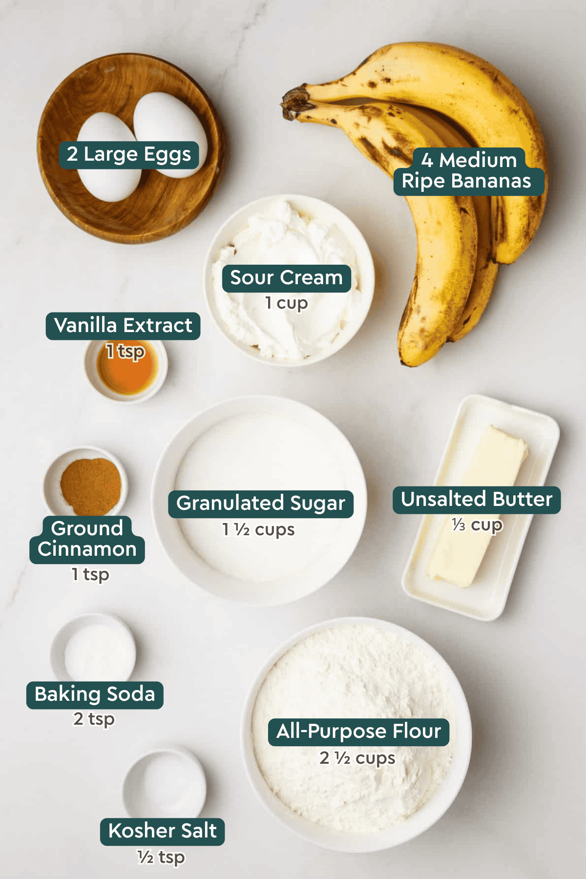 Ingredients for sour cream banana bread, including eggs, bananas, sour cream, vanilla, sugar, butter, cinnamon, baking soda, salt, flour.