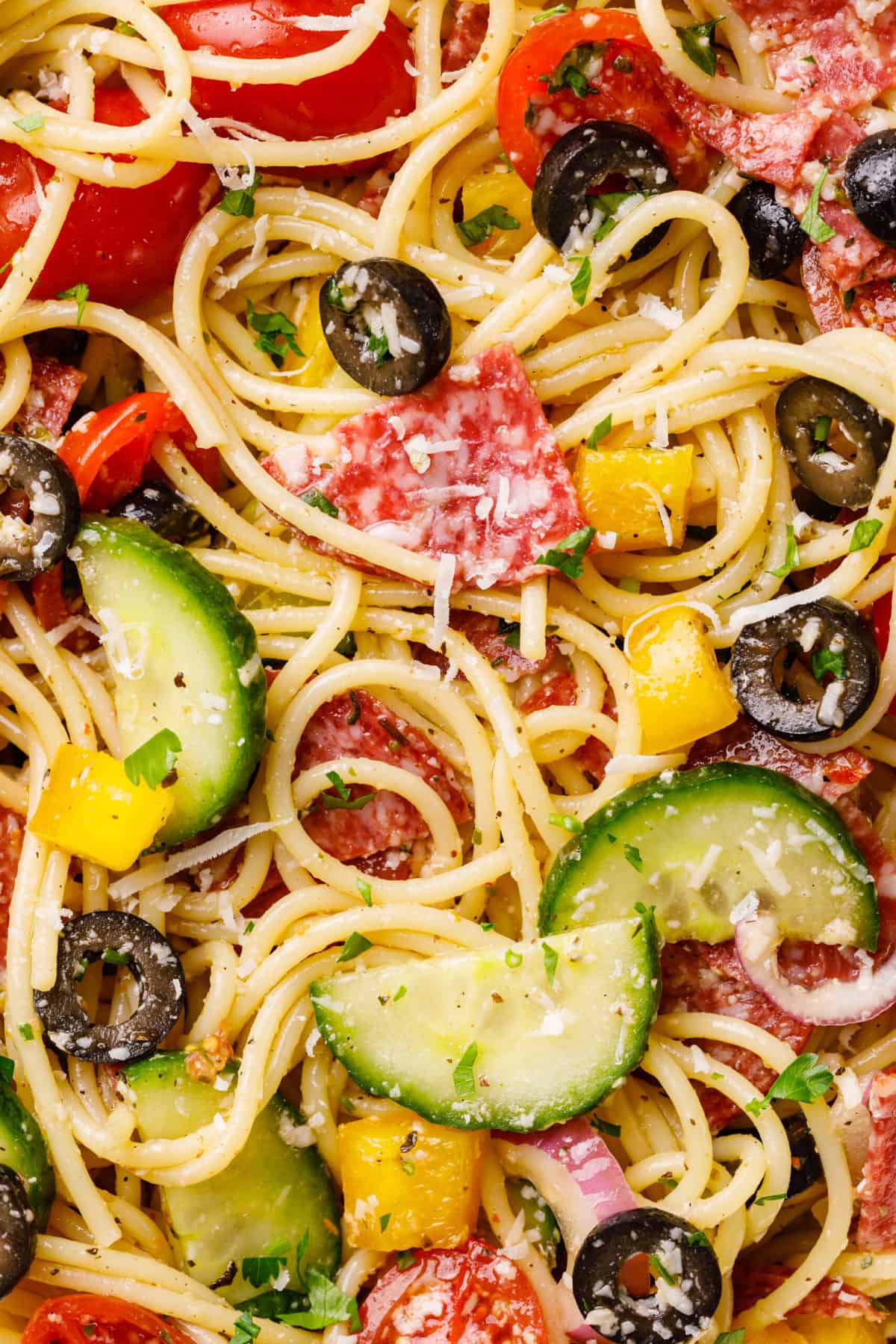 spaghetti salad with peppers, cucumbers, salami, onion, olives, cheese