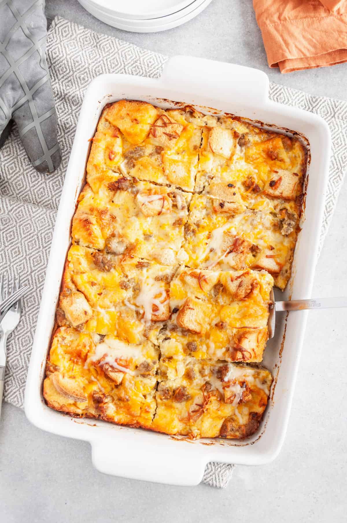 top down view of breakfast casserole with bread