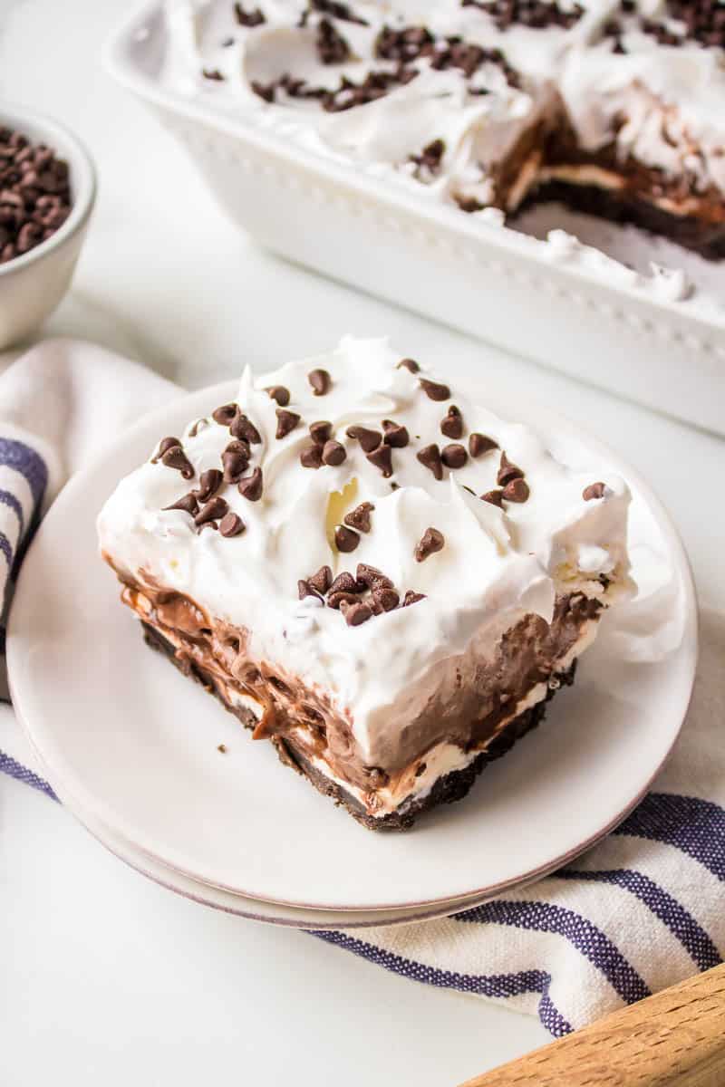Chocolate Lasagna on a white plate 