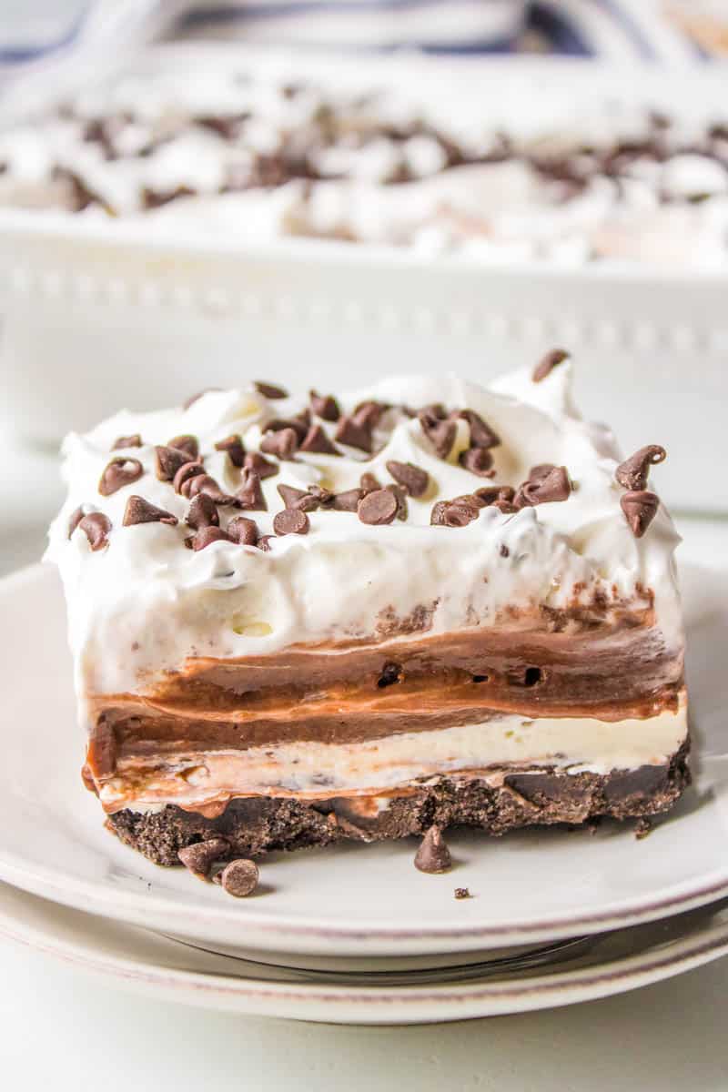 closeup of Chocolate Lasagna on a white plate 