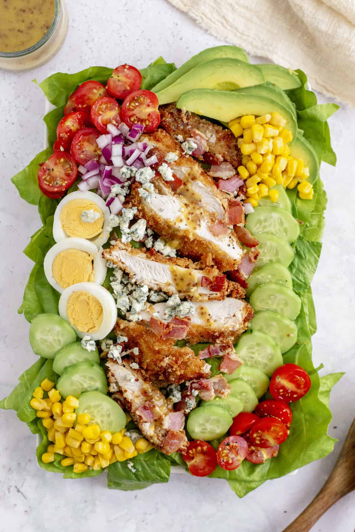 top down view of crusted chicken cobb salad