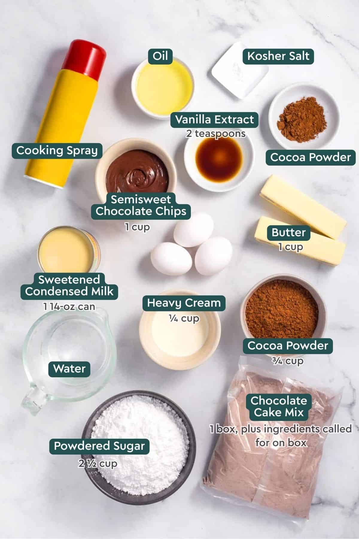 Ingredients for chocolate poke cake: sweetened condensed milk, cooking spray, oil, salt, vanilla, cocoa powder, chocolate chips, butter, eggs, heavy cream, water, cake mix, powdered sugar.