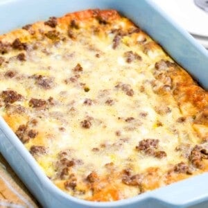 Crescent roll breakfast casserole in a baking dish.