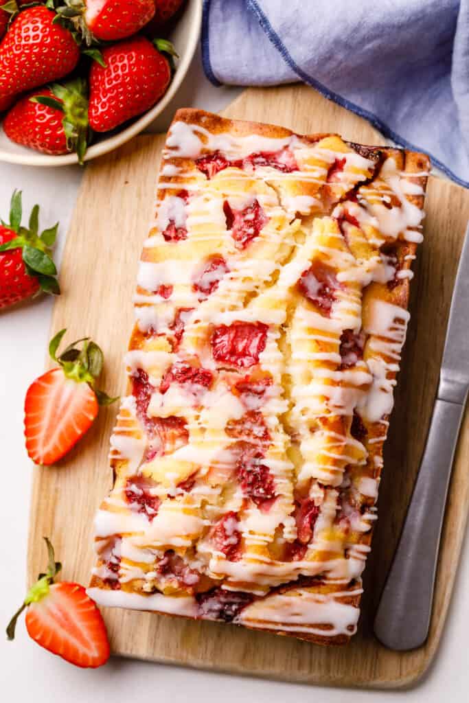 overhead view of strawberry bread 