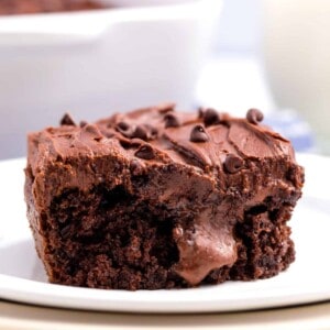 A slice of chocolate poke cake topped with chocolate chips on a plate.