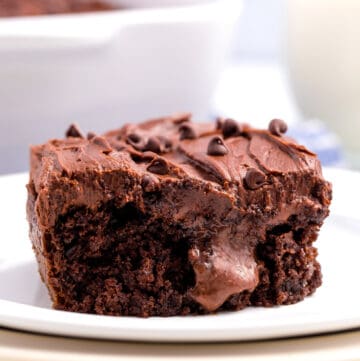 A slice of chocolate poke cake topped with chocolate chips on a plate.