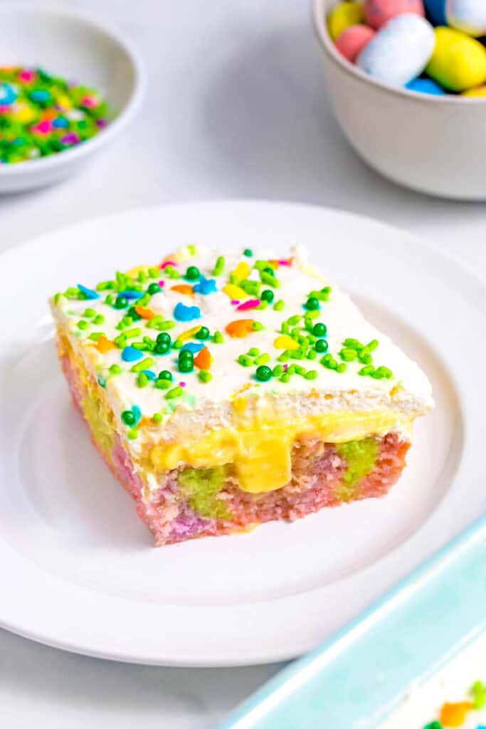 easter poke cake on a table 