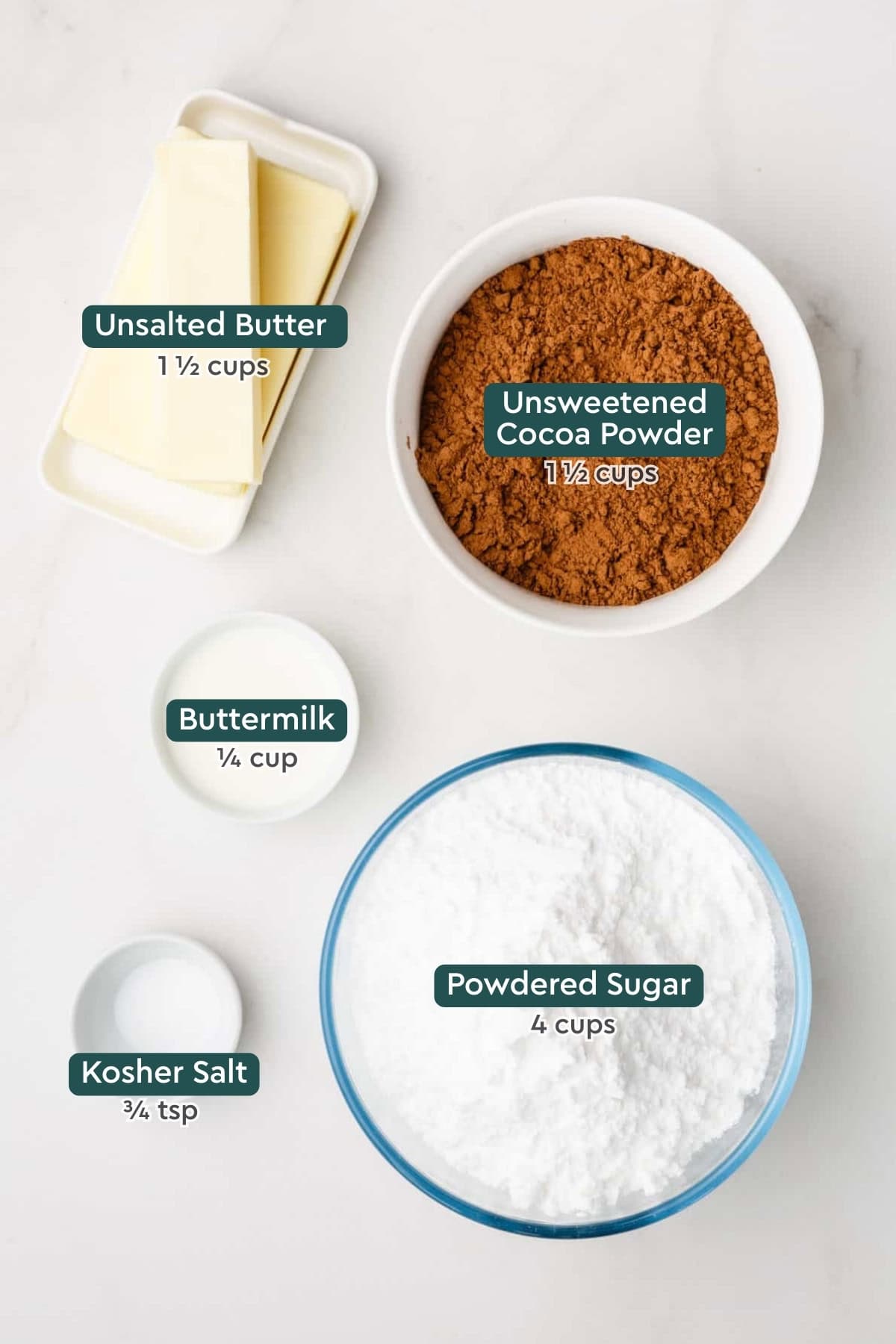Ingredients for birthday cake frosting, including cocoa, butter, buttermilk, powdered sugar, and salt.