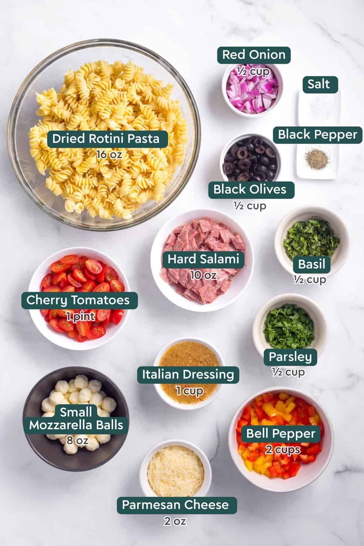 Ingredients for Italian pasta salad, including onion, olives, seasonings, herbs, salami, tomatoes, Italian dressing, mozzarella, bell pepper, parmesan.