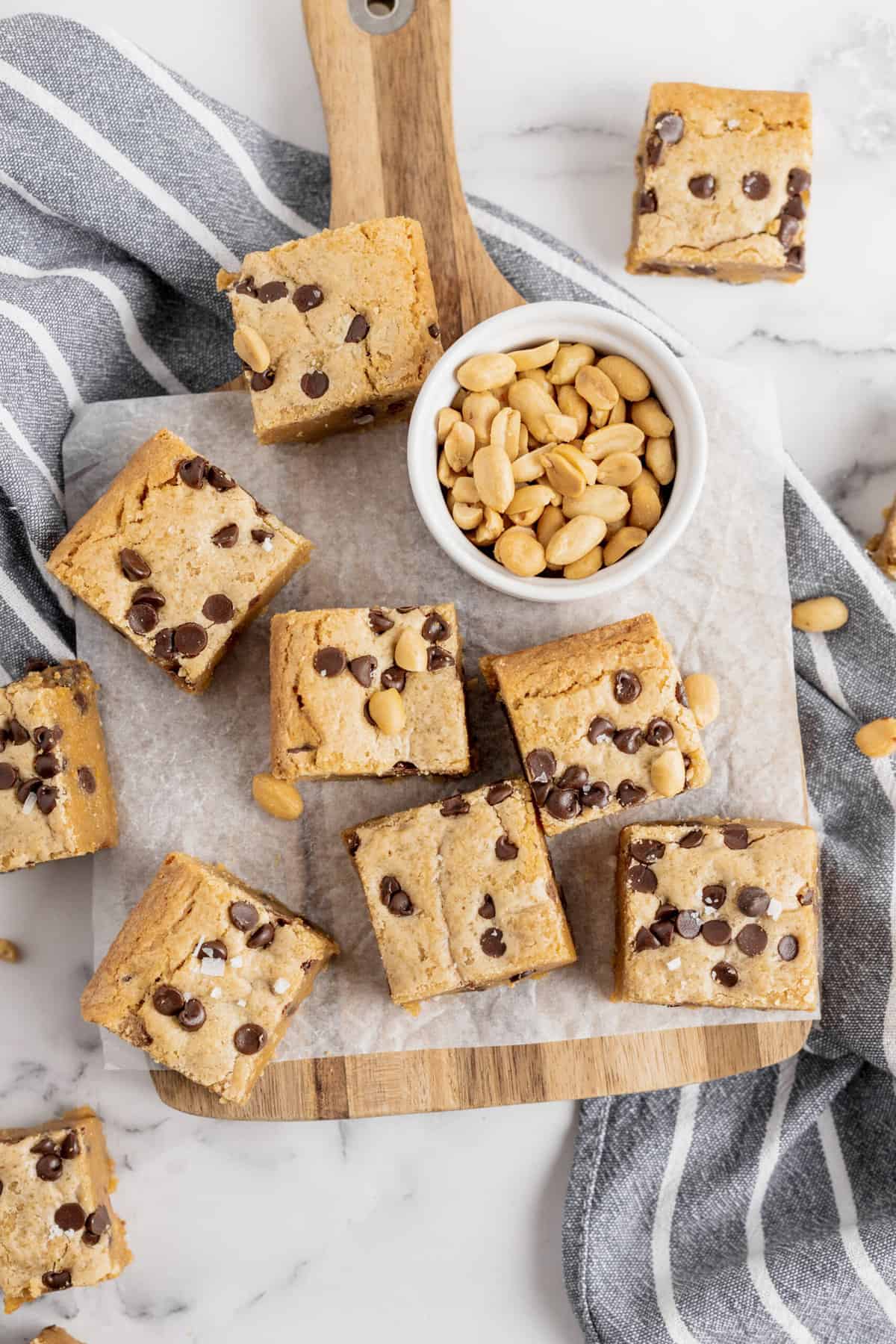 top down view of square servings of chocolate chip peanut butter blondies