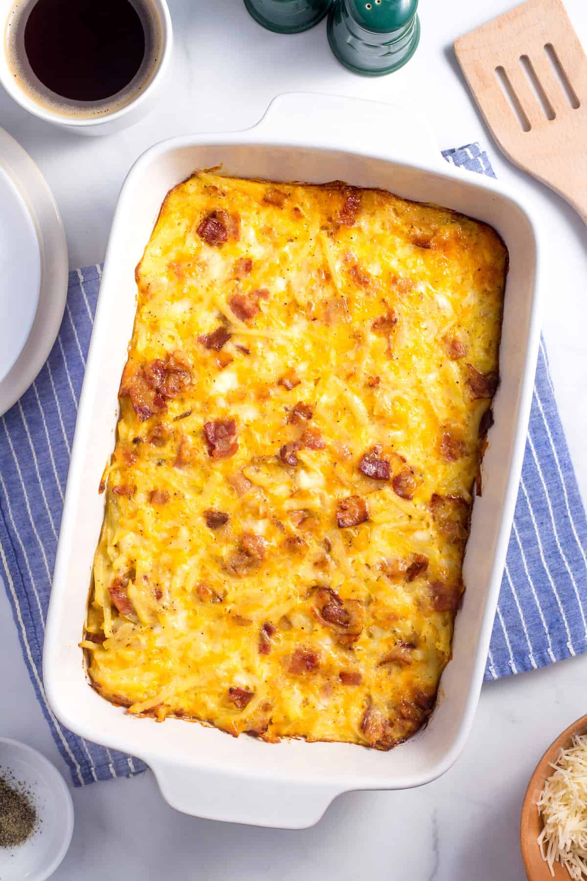 top down image of amish breakfast casserole served in a casserole dish
