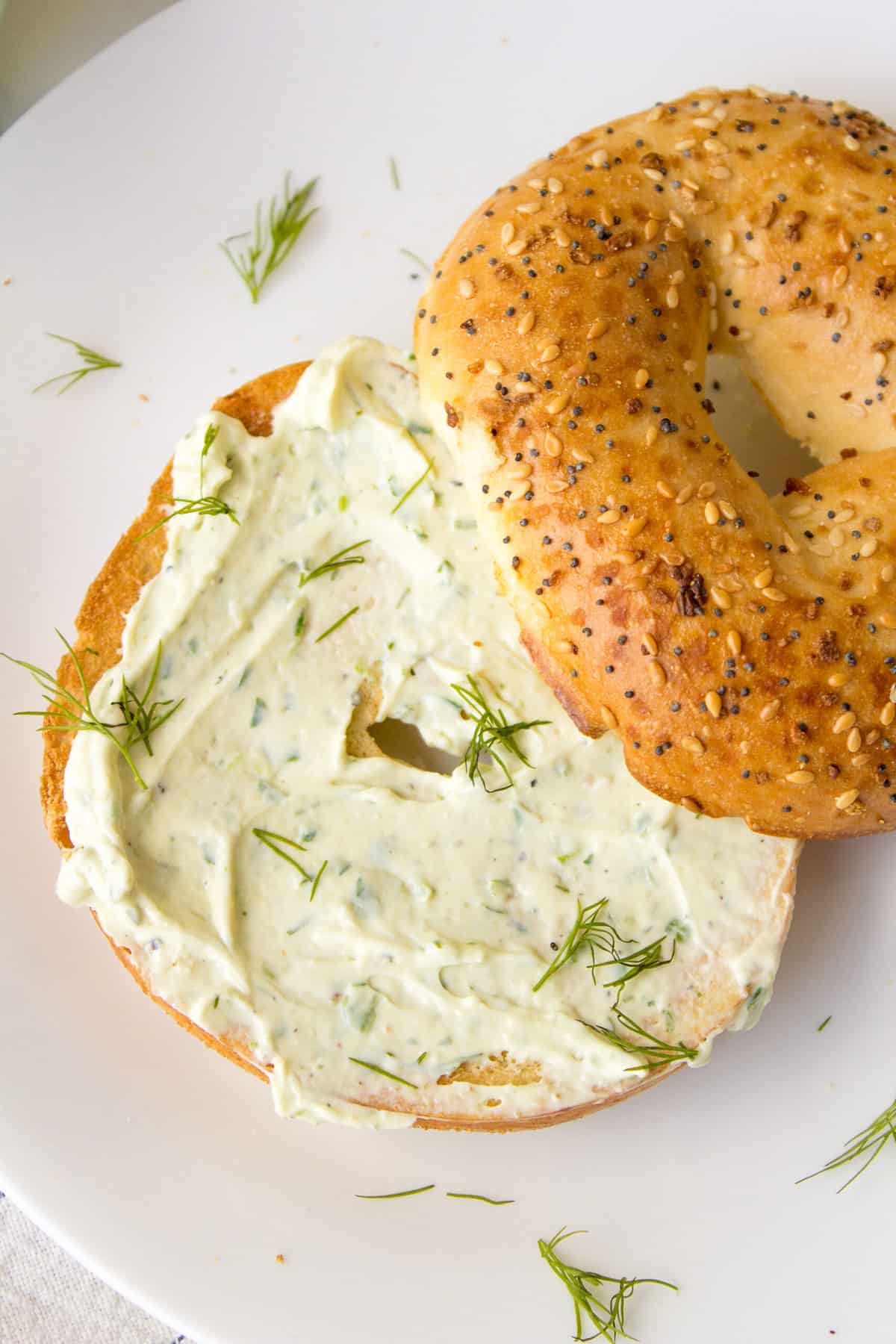 herb cream cheese dip on an everything bagel garnished with fresh dill